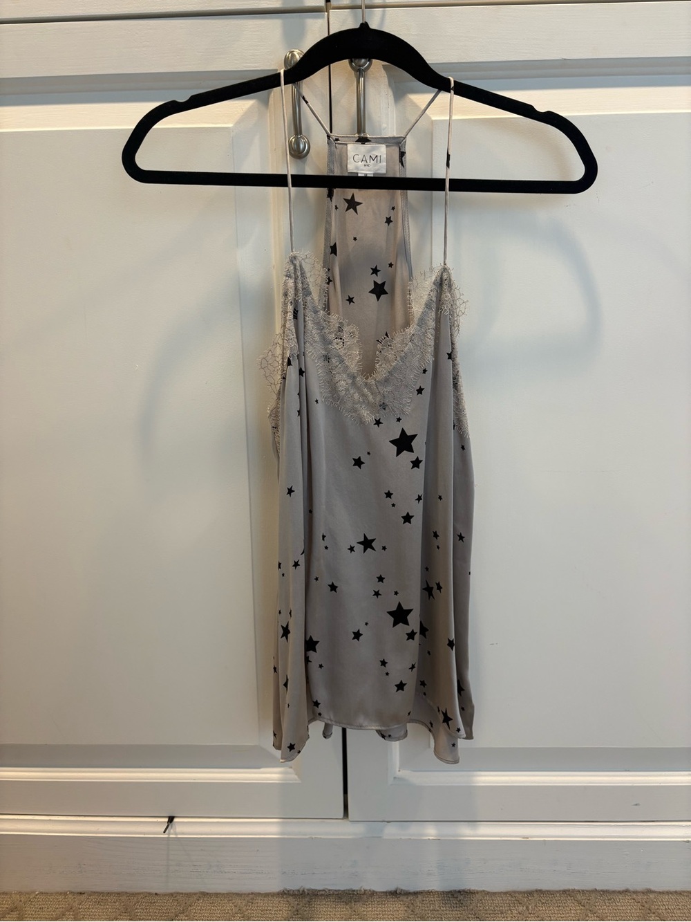 Cami NYC Gray Silk Star-Print Lace Trim Cami